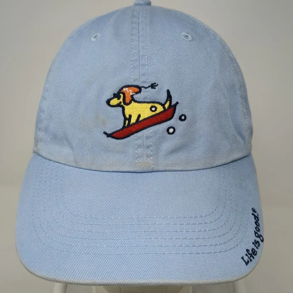 Life is Good Baseball Cap Blue One Size Dog Surfing Embroidered Slideback Hat